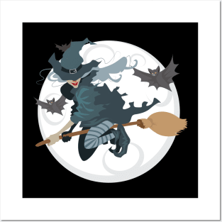 Halloween Witch Flying With Bats Posters and Art